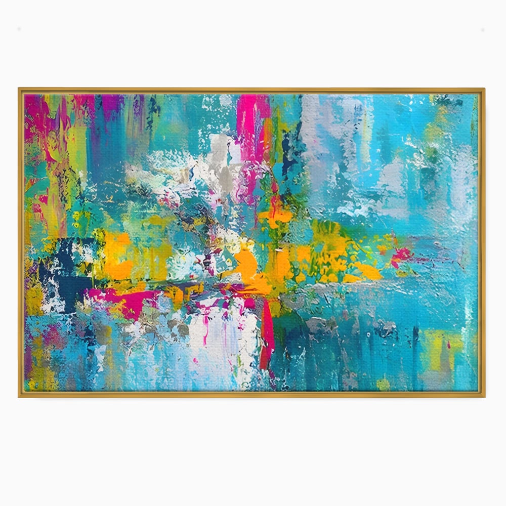 Tablou canvas cu pictura abstracta cu pete albastre si galbene, in rama de aluminiu auriu